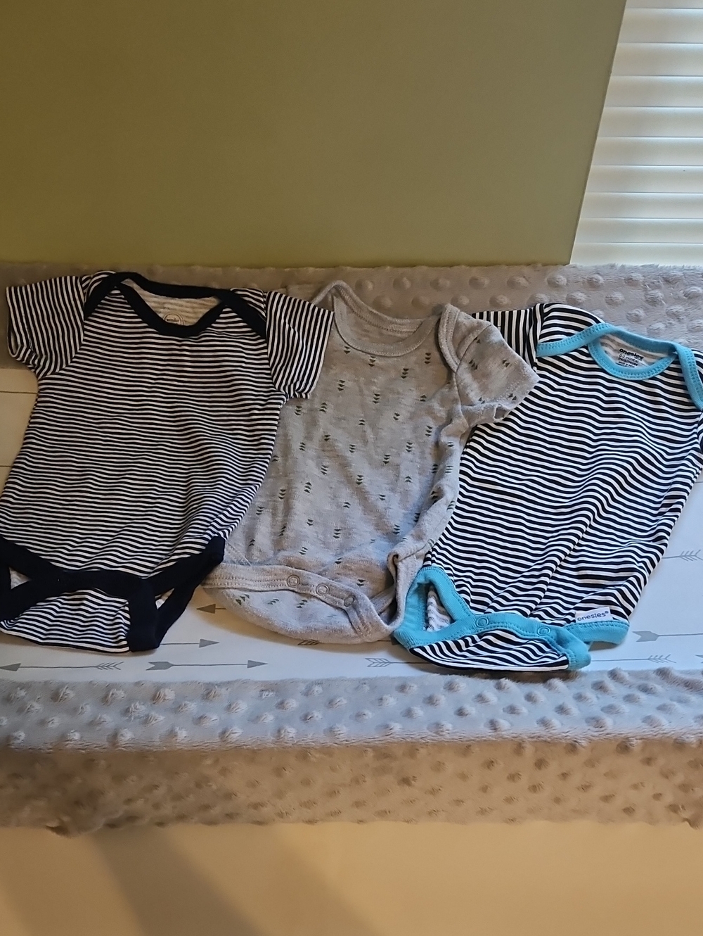 Set Of 3 Baby One-Piece Bodysuits - Navy Strip, Gray & Green, Blue Stripped Trim
